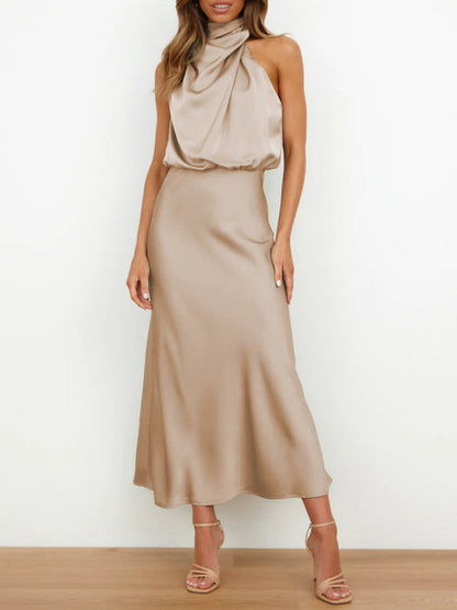 Midi Dresses- Elegant Satin Halter Cowl Neck Maxi Midi Dress with Sheath Silhouette- Beige Khaki- Pekosa Women Clothing