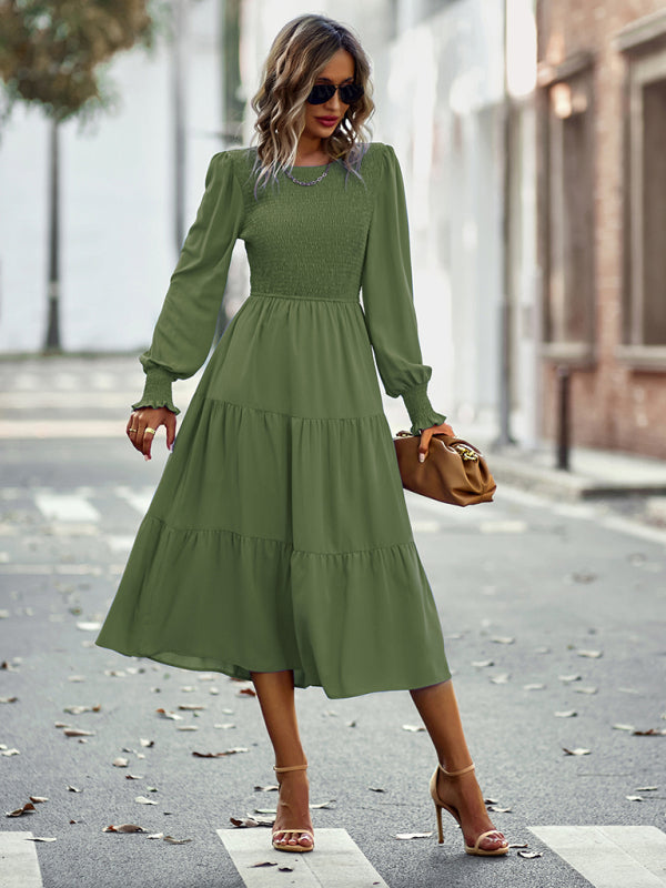 Midi Dresses- Elegant Smocked Midi Dress with Long Sleeves, Elasticized Bodice- Olive green- Pekosa Women Clothing