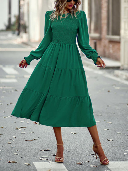 Midi Dresses- Elegant Smocked Midi Dress with Long Sleeves, Elasticized Bodice- Green- Pekosa Women Clothing