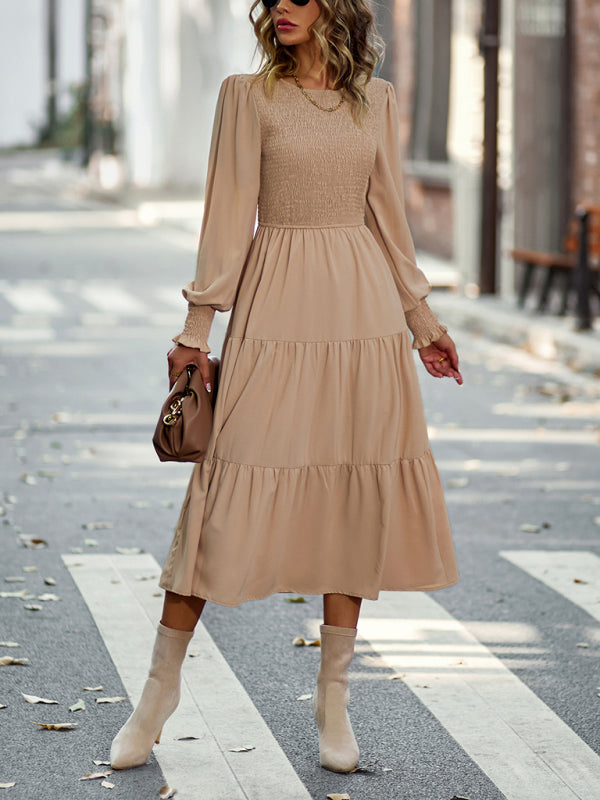 Midi Dresses- Elegant Smocked Midi Dress with Long Sleeves, Elasticized Bodice- Khaki- Pekosa Women Clothing