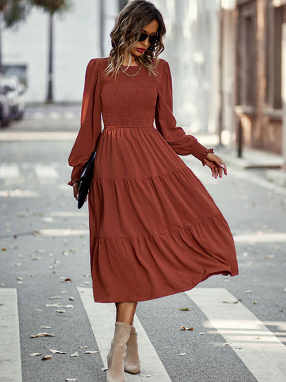 Midi Dresses- Elegant Smocked Midi Dress with Long Sleeves, Elasticized Bodice- - Pekosa Women Clothing