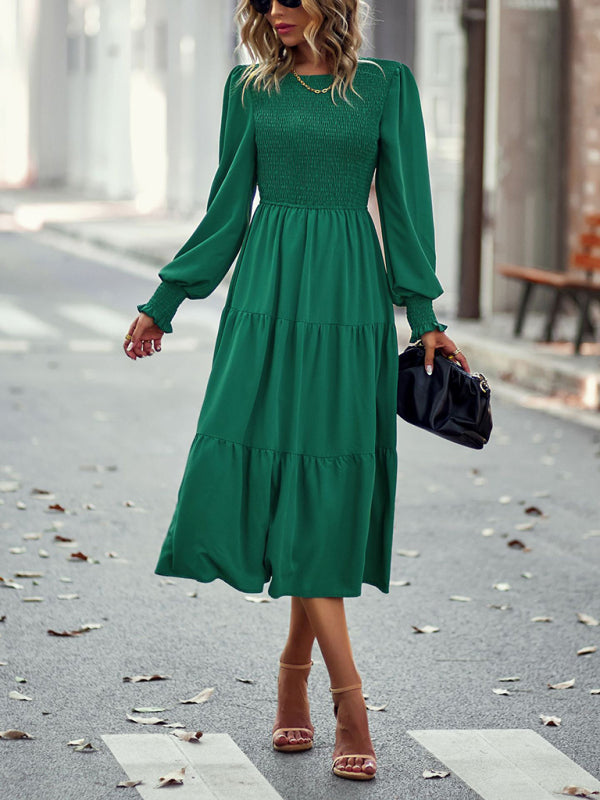 Midi Dresses- Elegant Smocked Midi Dress with Long Sleeves, Elasticized Bodice- - Pekosa Women Clothing