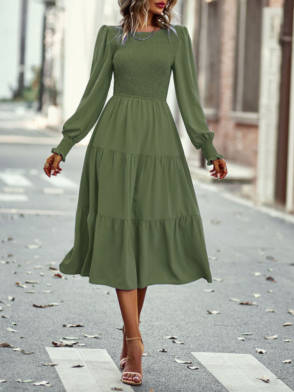 Midi Dresses- Elegant Smocked Midi Dress with Long Sleeves, Elasticized Bodice- - Pekosa Women Clothing