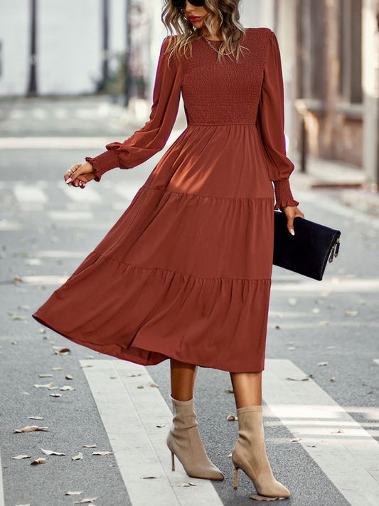 Midi Dresses- Elegant Smocked Midi Dress with Long Sleeves, Elasticized Bodice- Brown- Pekosa Women Clothing