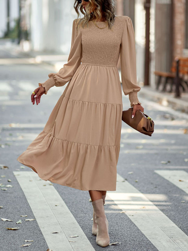 Midi Dresses- Elegant Smocked Midi Dress with Long Sleeves, Elasticized Bodice- - Pekosa Women Clothing