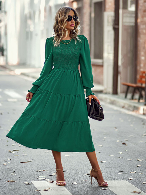 Midi Dresses- Elegant Smocked Midi Dress with Long Sleeves, Elasticized Bodice- - Pekosa Women Clothing