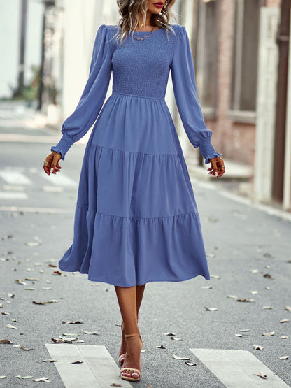 Midi Dresses- Elegant Smocked Midi Dress with Long Sleeves, Elasticized Bodice- Blue- Pekosa Women Clothing