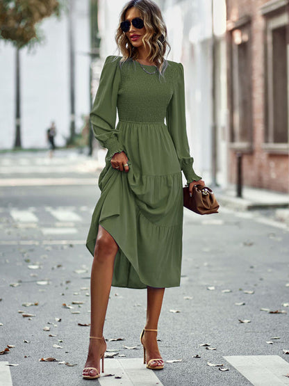 Midi Dresses- Elegant Smocked Midi Dress with Long Sleeves, Elasticized Bodice- - Pekosa Women Clothing