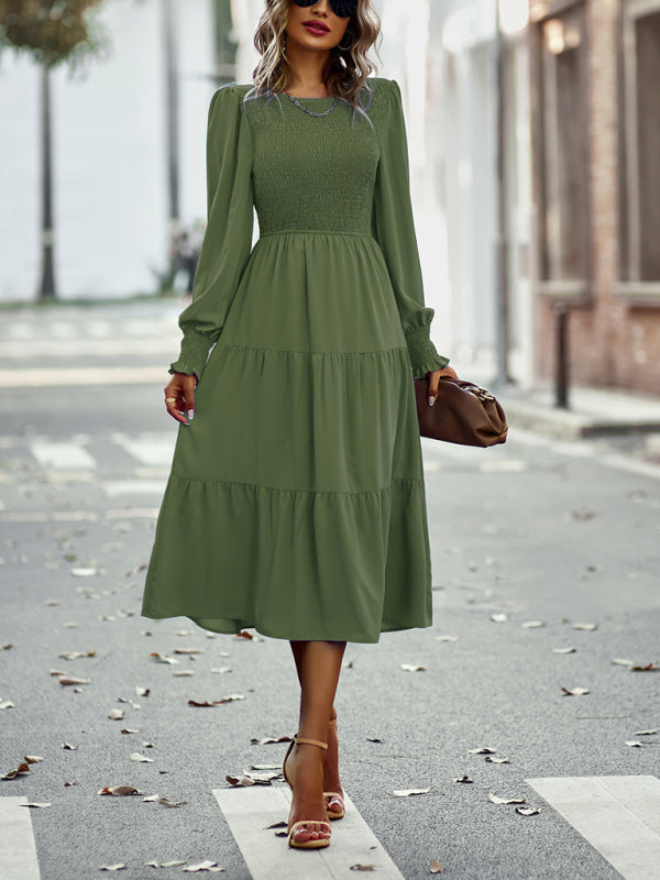 Midi Dresses- Elegant Smocked Midi Dress with Long Sleeves, Elasticized Bodice- - Pekosa Women Clothing