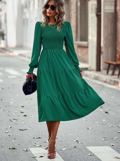 Midi Dresses- Elegant Smocked Midi Dress with Long Sleeves, Elasticized Bodice- - Pekosa Women Clothing