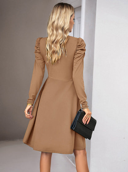 Midi Dresses- Elegant Solid A-line Surplice V-Neck Puff Long sleeve Midi Dress- - Pekosa Women Clothing