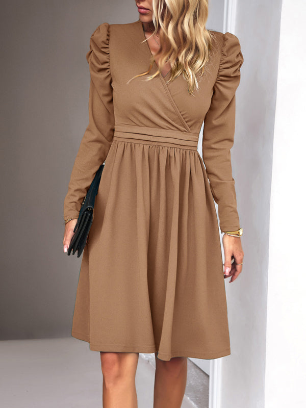 Midi Dresses- Elegant Solid A-line Surplice V-Neck Puff Long sleeve Midi Dress- - Pekosa Women Clothing