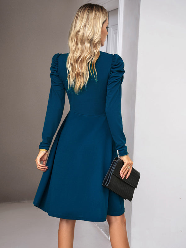 Midi Dresses- Elegant Solid A-line Surplice V-Neck Puff Long sleeve Midi Dress- - Pekosa Women Clothing