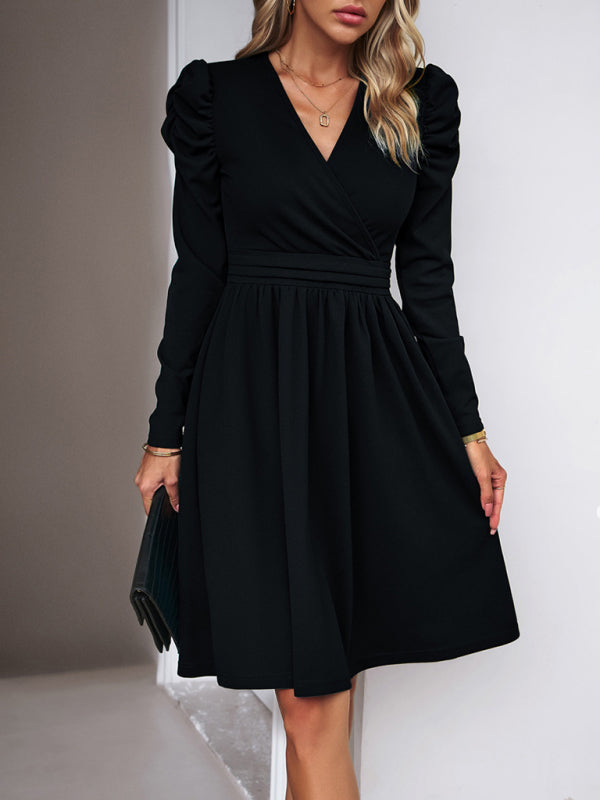 Midi Dresses- Elegant Solid A-line Surplice V-Neck Puff Long sleeve Midi Dress- - Pekosa Women Clothing