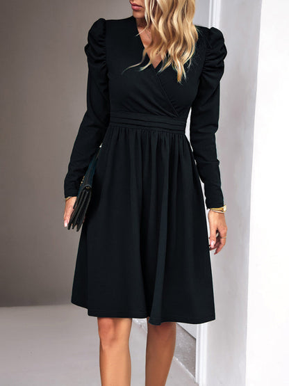 Midi Dresses- Elegant Solid A-line Surplice V-Neck Puff Long sleeve Midi Dress- - Pekosa Women Clothing