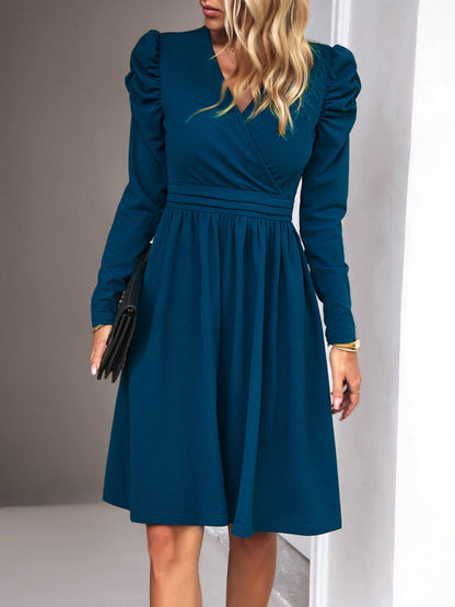 Midi Dresses- Elegant Solid A-line Surplice V-Neck Puff Long sleeve Midi Dress- - Pekosa Women Clothing