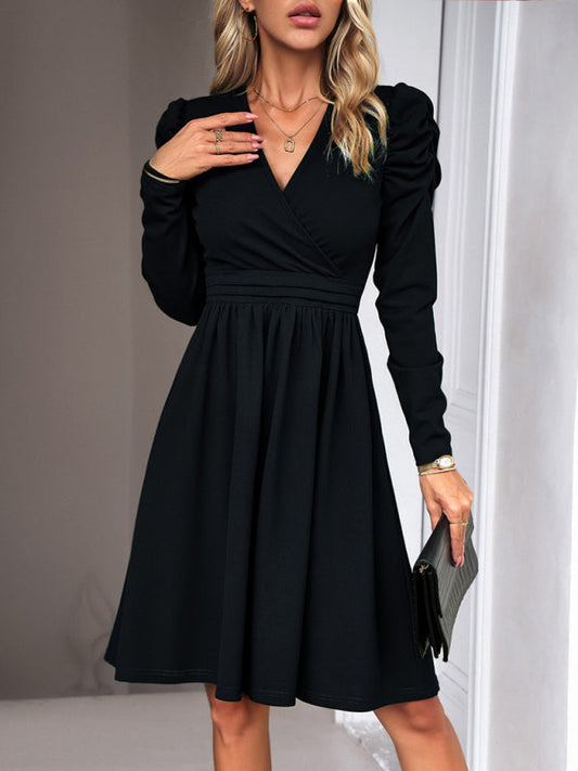 Midi Dresses- Elegant Solid A-line Surplice V-Neck Puff Long sleeve Midi Dress- Black- Pekosa Women Clothing