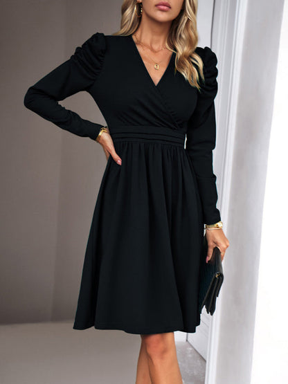 Midi Dresses- Elegant Solid A-line Surplice V-Neck Puff Long sleeve Midi Dress- - Pekosa Women Clothing