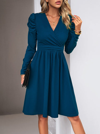 Midi Dresses- Elegant Solid A-line Surplice V-Neck Puff Long sleeve Midi Dress- Blue- Pekosa Women Clothing