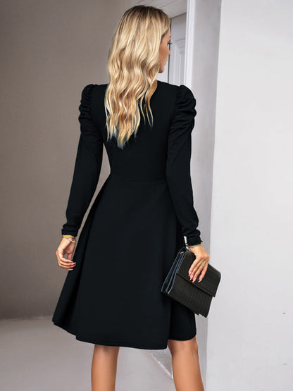 Midi Dresses- Elegant Solid A-line Surplice V-Neck Puff Long sleeve Midi Dress- - Pekosa Women Clothing