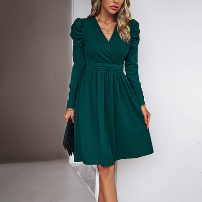 Midi Dresses- Elegant Solid A-line Surplice V-Neck Puff Long sleeve Midi Dress- Green- Pekosa Women Clothing