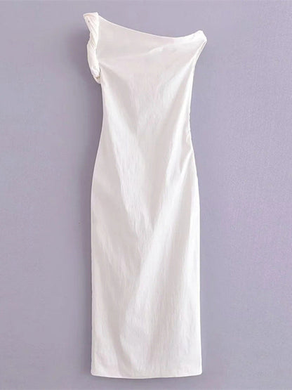 Midi Dresses- Elegant Solid One-Shoulder Asymmetric Midi Dress- - Pekosa Women Fashion