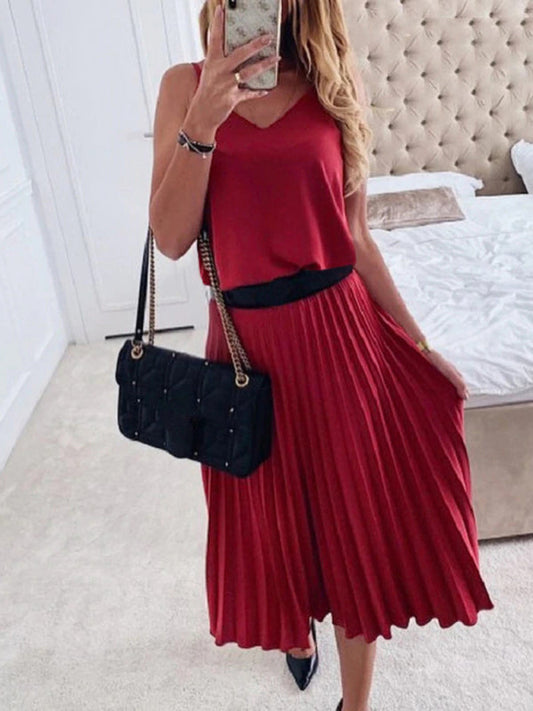 Midi Dresses- Elegant Solid Pleated A-Line Midi Cami Dress- Red- Pekosa Women Clothing