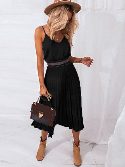 Midi Dresses- Elegant Solid Pleated A-Line Midi Cami Dress- Black- Pekosa Women Clothing