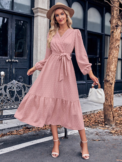 Midi Dresses- Elegant Swiss Dot Lace V-Neck Long Sleeve Dress- - Pekosa Women Clothing