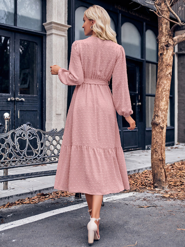 Midi Dresses- Elegant Swiss Dot Lace V-Neck Long Sleeve Dress- - Pekosa Women Clothing