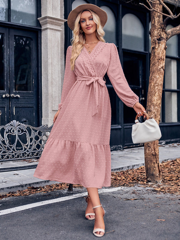 Midi Dresses- Elegant Swiss Dot Lace V-Neck Long Sleeve Dress- - Pekosa Women Clothing