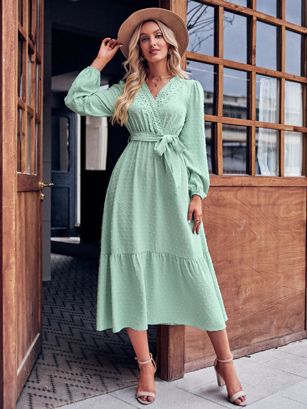 Midi Dresses- Elegant Swiss Dot Lace V-Neck Long Sleeve Dress- - Pekosa Women Clothing