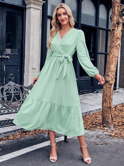 Midi Dresses- Elegant Swiss Dot Lace V-Neck Long Sleeve Dress- Green- Pekosa Women Clothing