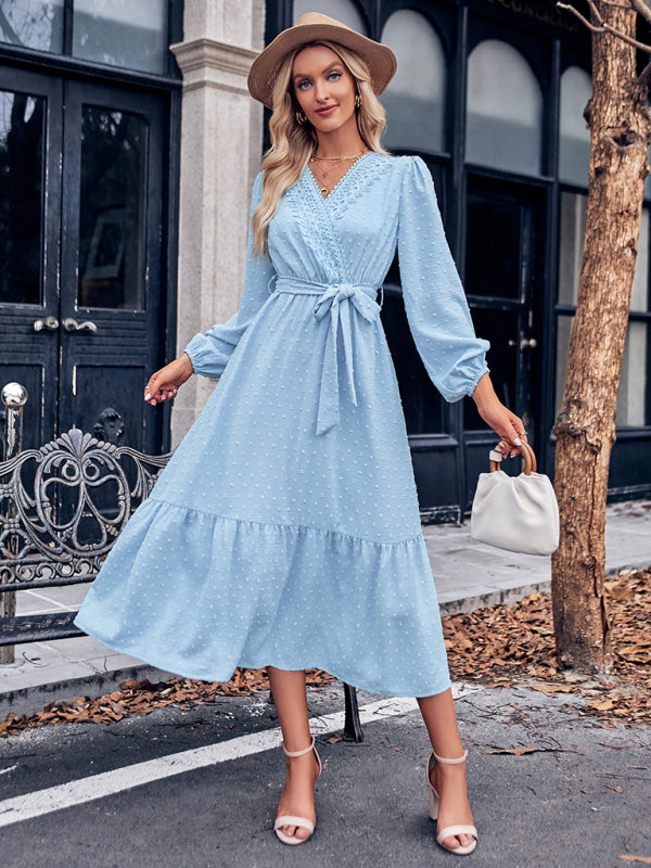 Midi Dresses- Elegant Swiss Dot Lace V-Neck Long Sleeve Dress- Blue- Pekosa Women Clothing