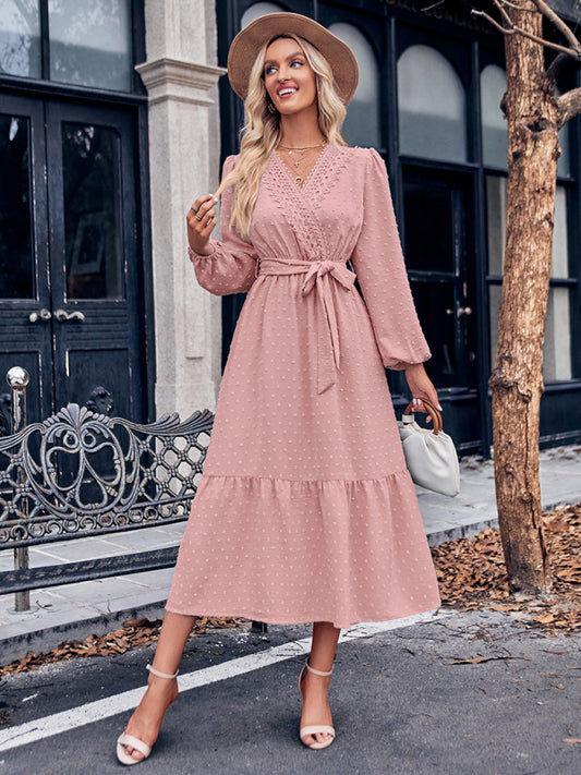 Midi Dresses- Elegant Swiss Dot Lace V-Neck Long Sleeve Dress- Pink- Pekosa Women Clothing