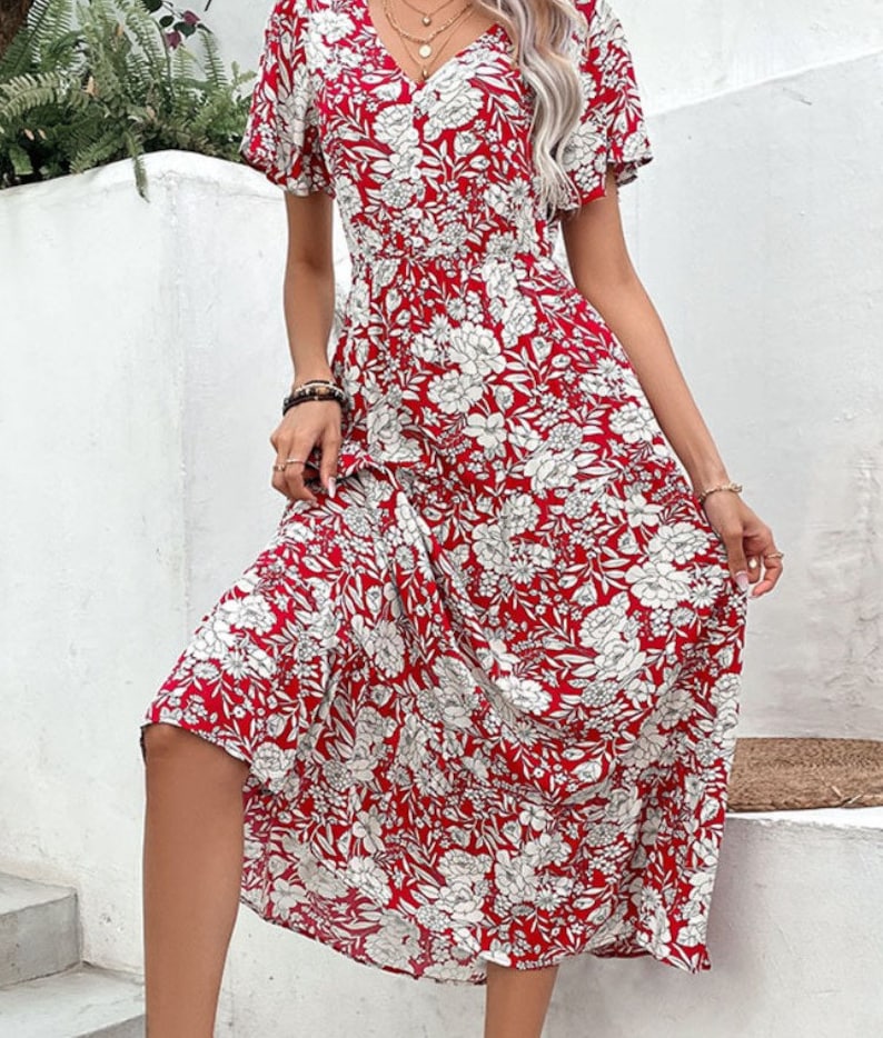 Midi Dresses- Elegant V Neck Midi Dress with Romantic Floral Print & Button Front- - Pekosa Women Clothing