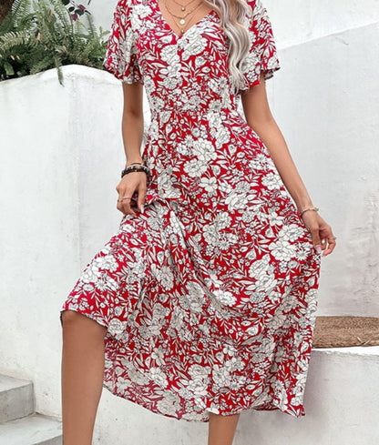 Midi Dresses- Elegant V Neck Midi Dress with Romantic Floral Print & Button Front- - Pekosa Women Clothing