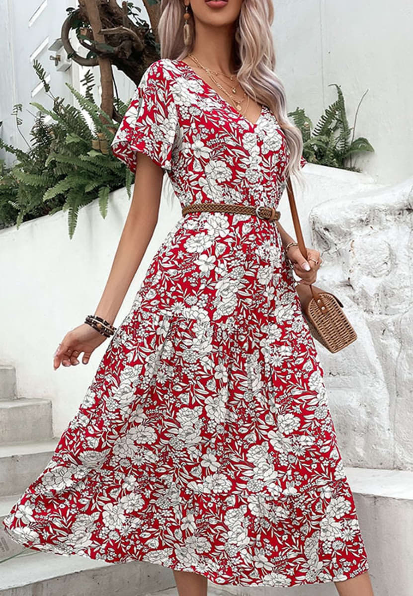 Midi Dresses- Elegant V Neck Midi Dress with Romantic Floral Print & Button Front- - Pekosa Women Clothing