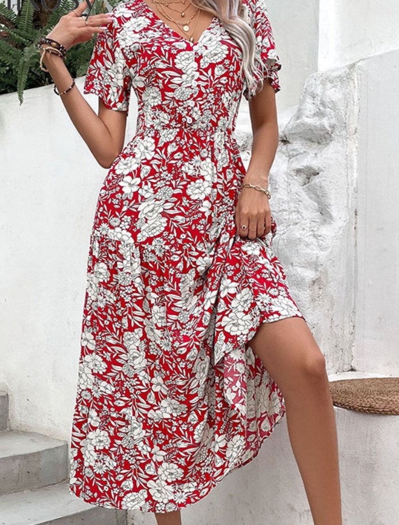 Midi Dresses- Elegant V Neck Midi Dress with Romantic Floral Print & Button Front- - Pekosa Women Clothing