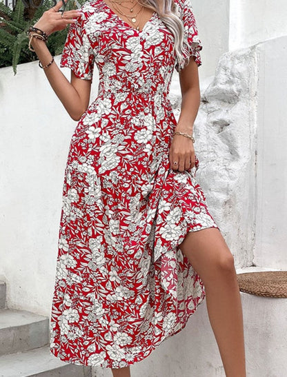 Midi Dresses- Elegant V Neck Midi Dress with Romantic Floral Print & Button Front- - Pekosa Women Clothing