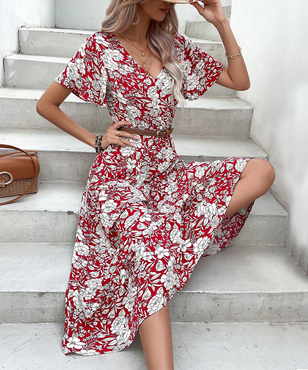 Midi Dresses- Elegant V Neck Midi Dress with Romantic Floral Print & Button Front- - Pekosa Women Clothing