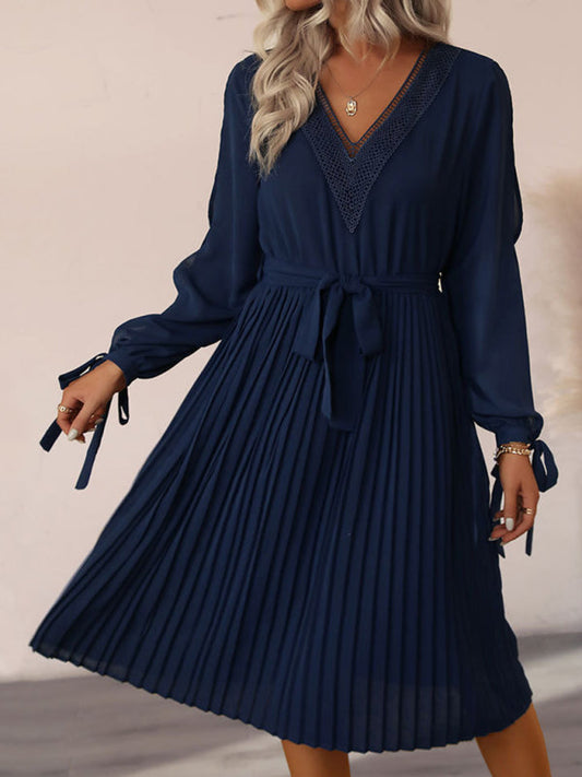 Midi Dresses- Elegant Women's Long Sleeves Pleated Midi Dress with V Neck Lace Trim- Purplish blue navy- Pekosa Women Clothing
