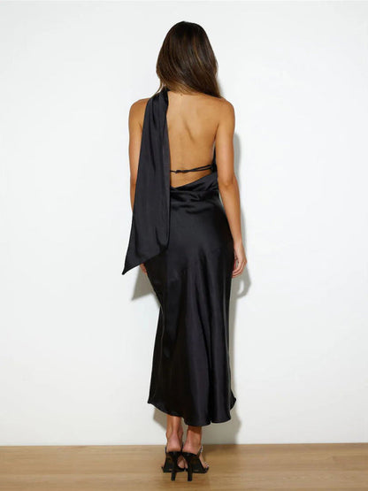 Midi Dresses- Elegant Women's Satin Backless Side Slit Midi Dress with Hanging Neck- - Pekosa Women Clothing