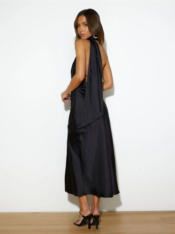 Midi Dresses- Elegant Women's Satin Backless Side Slit Midi Dress with Hanging Neck- - Pekosa Women Clothing