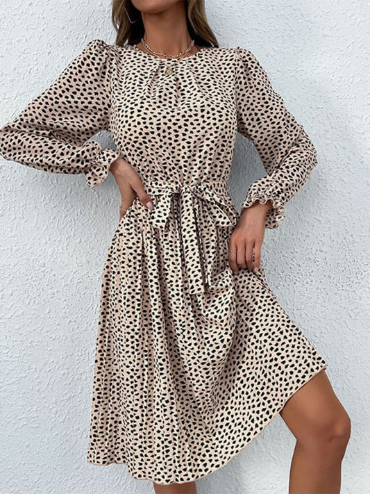 Midi Dresses- Fall Animal Print Round Neck Belted Tie Dress- Cracker khaki- Pekosa Women Clothing