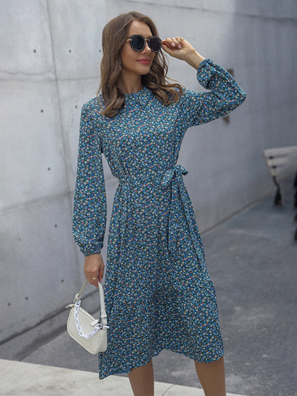 Midi Dresses- Floral A-Line Midi Dress with Long Sleeves & Tie-Belt- - Pekosa Women Clothing