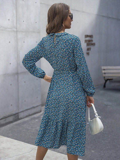 Midi Dresses- Floral A-Line Midi Dress with Long Sleeves & Tie-Belt- - Pekosa Women Clothing