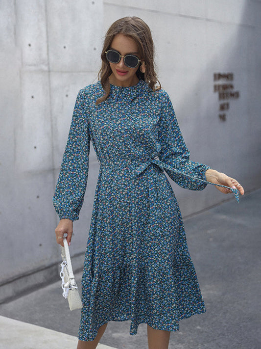 Midi Dresses- Floral A-Line Midi Dress with Long Sleeves & Tie-Belt- Blue- Pekosa Women Clothing
