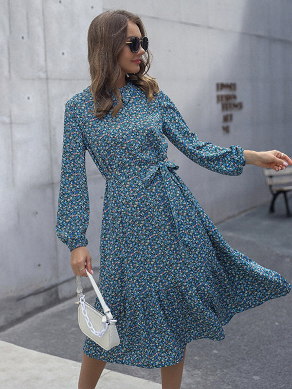 Midi Dresses- Floral A-Line Midi Dress with Long Sleeves & Tie-Belt- - Pekosa Women Clothing