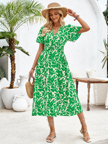 Midi Dresses- Floral Print Surplice V-Neck Midi Dress with Smocked Waist- - Chuzko Women Clothing